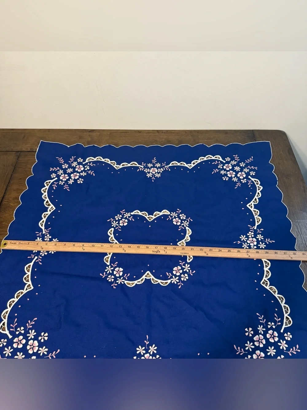 Vintage Royal Blue Tablecloth With Exquisite White Embroidery Cutwork 32.5”x32.5